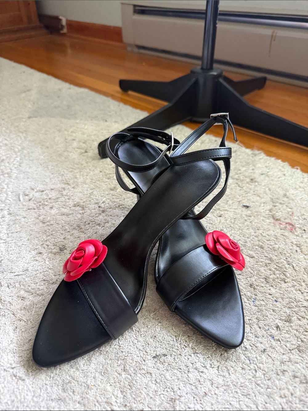 Black High-Heel Ankle-Strap Sandals with Red Rose Accent